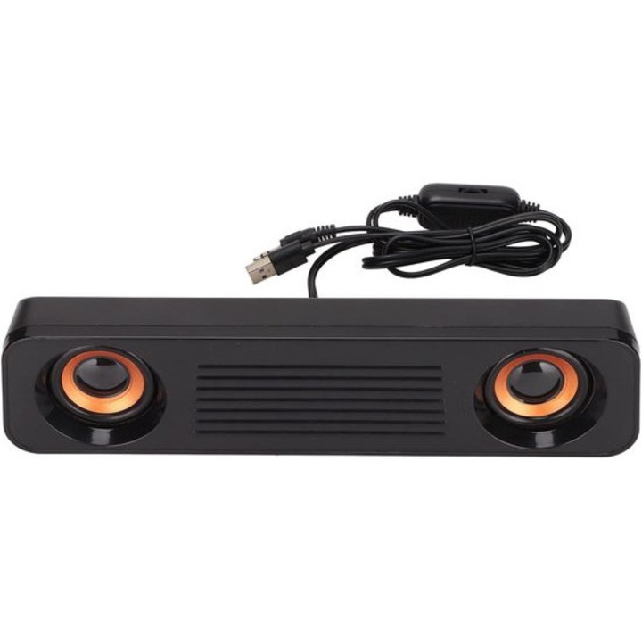 Soundbar desktop GMK0375-260713-14, difuzoare stereo 2x, conectare 3.5 mm, alimentare USB, design compact, negru/auriu