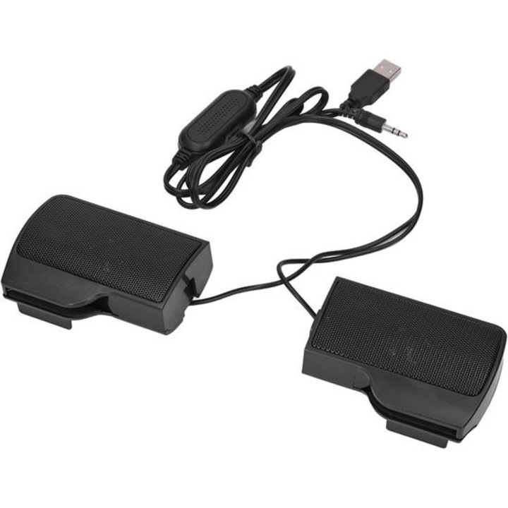 Számítógép hangszórók GMK0375-260713-15, monitorra csíptethető, USB tápellátás és 3.5 mm jack bemenet, vezetékes hangerőszabályzó, fekete, 14 x 10 x 6 cm