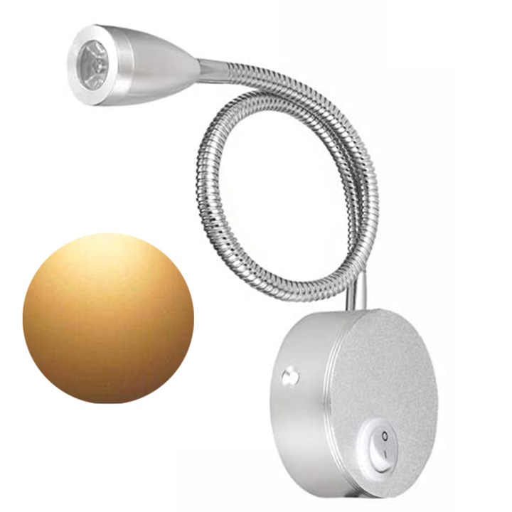 Lampa de citit LED ZYBLSSBB LSM2XH23851-2035130-1, flexibila 360° cu gat metalic, 3W, 12–24V, montare pe tablie/perete, aluminiu, argintiu