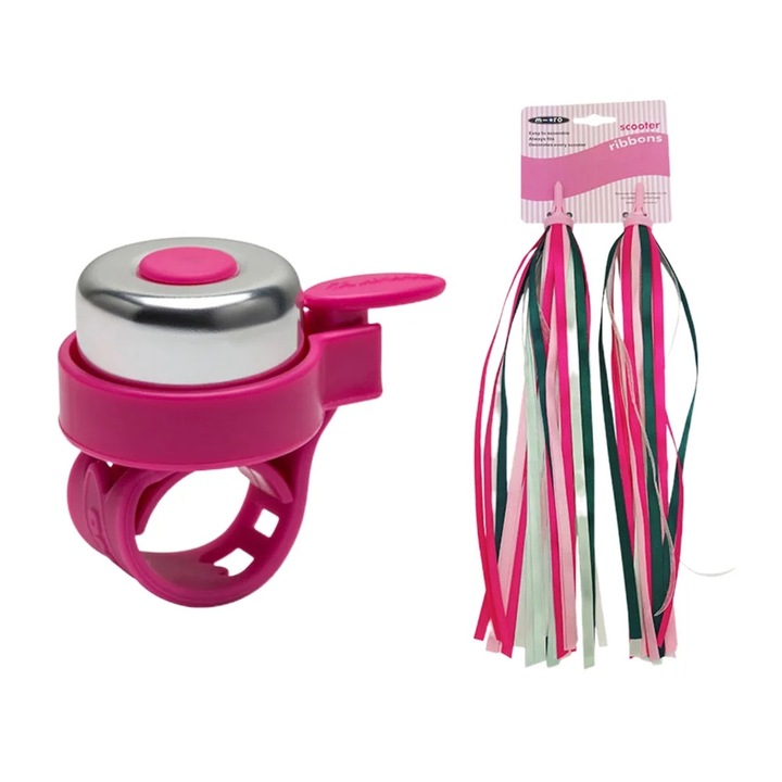 Set clopotel si panglici pentru ghidon ZYBLSSBB LSM2xh2043-BCS0116216, panglici roz, clopotel rosu, 27 x 3 x 1 cm