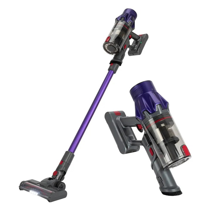 Aspirator vertical 2in1 fara firProfiCare 600 W, tehnologie ciclonica fara sac 105.000 rpm, recipient 600 ml, 3 trepte de aspirare, mod ECO, filtru Dual Hepa, perie cu iluminare LED, 300 W, autonomie 35 minute, accesorii si suport de perete incluse, mov