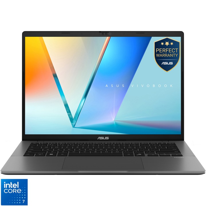 Laptop ASUS Vivobook S14 S3407VA cu procesor Intel® Core™ 7 240H pana la 5.20 GHz, 14'', WUXGA, 16GB RAM, 1TB SSD, Intel Graphics, No OS, Matte Gray