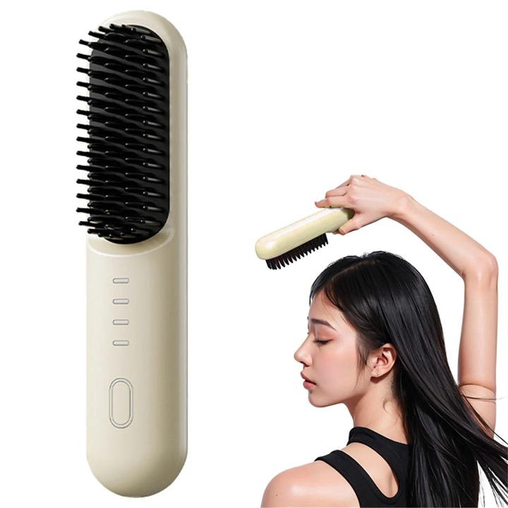 Perie de indreptat parul YANYXR BCS3123670, portabila cu ioni negativi, placi ceramice turmalina, baterie 4000mAh, incarcare Type‑C, 5 trepte temperatura, bej