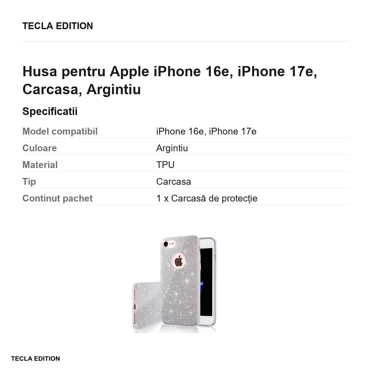 Husa Glitter 3in1 pentru Apple iPhone 16e, iPhone 17e, Carcasa, Argintiu