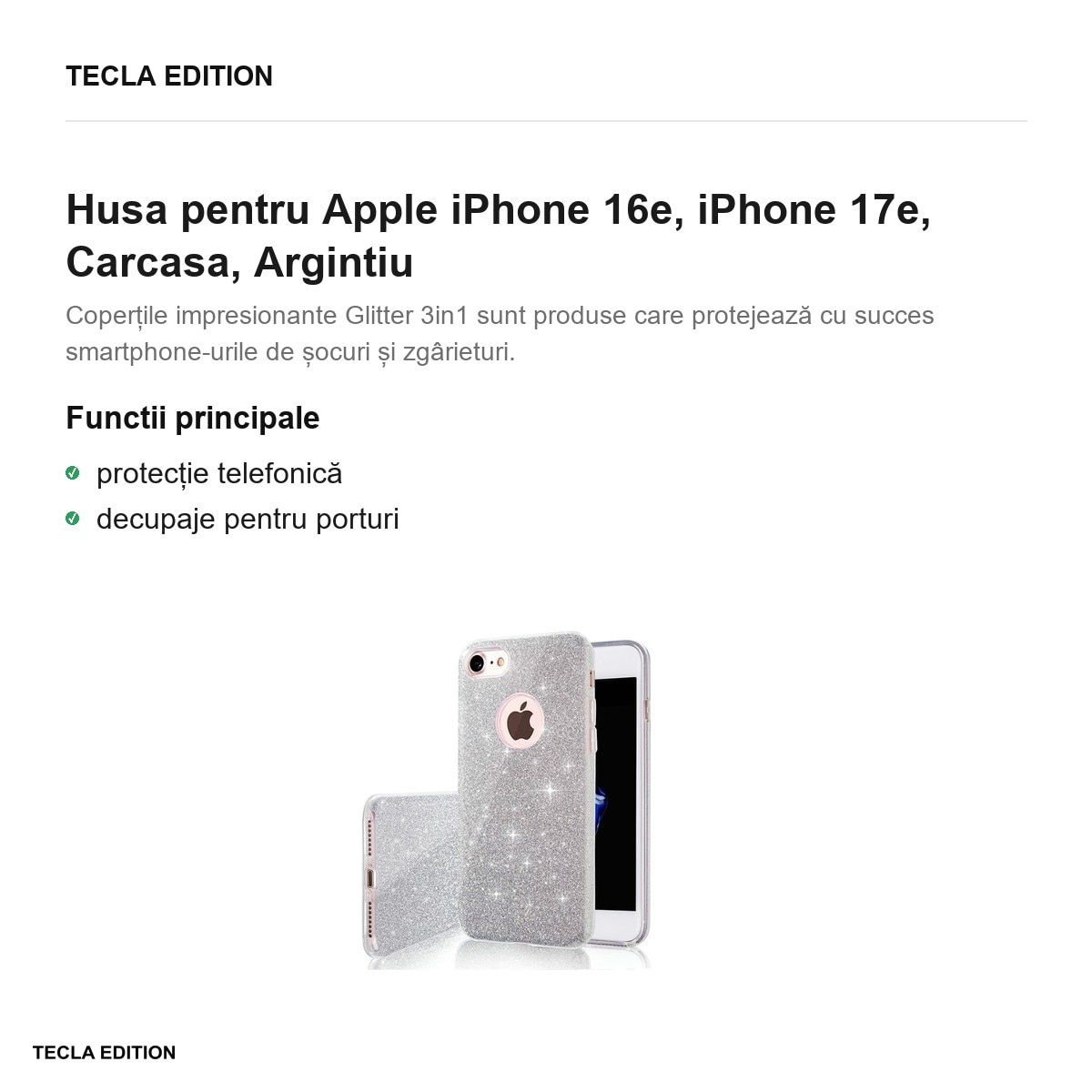 Husa Glitter 3in1 pentru Apple iPhone 16e, iPhone 17e, Carcasa, Argintiu