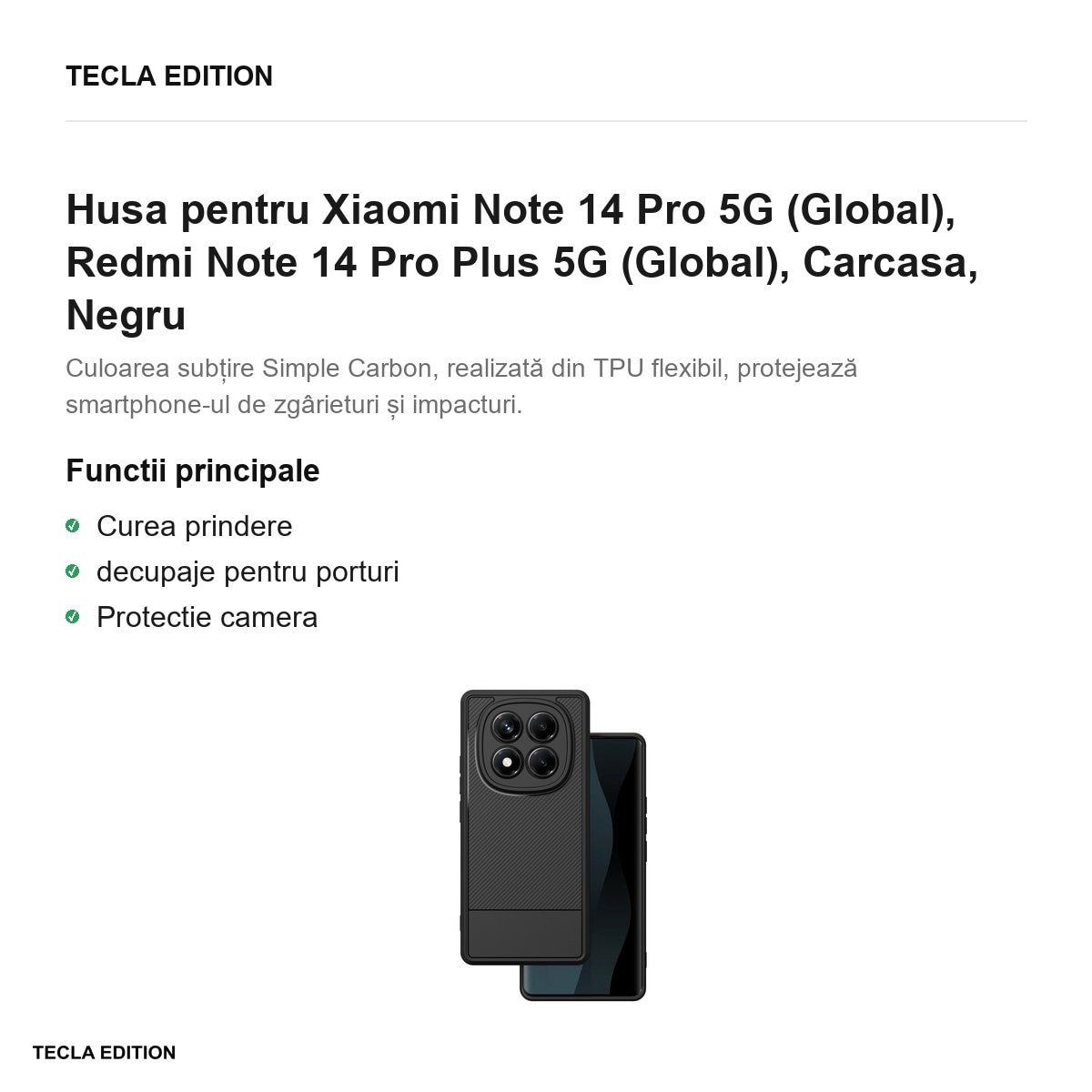 Husa Simple Carbon pentru Xiaomi Note 14 Pro 5G (Global), Redmi Note 14 Pro Plus 5G (Global), Carcasa, Negru