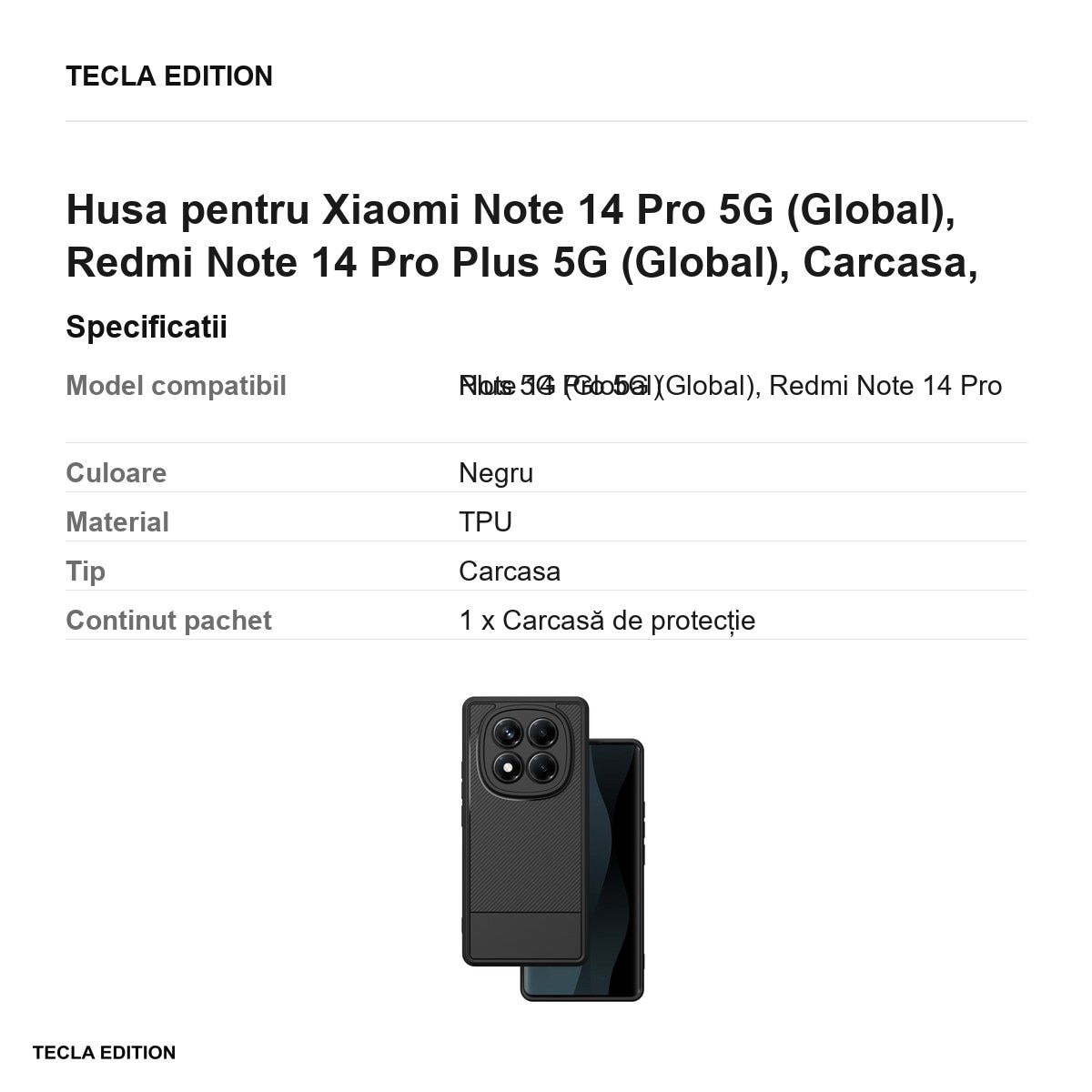 Husa Simple Carbon pentru Xiaomi Note 14 Pro 5G (Global), Redmi Note 14 Pro Plus 5G (Global), Carcasa, Negru
