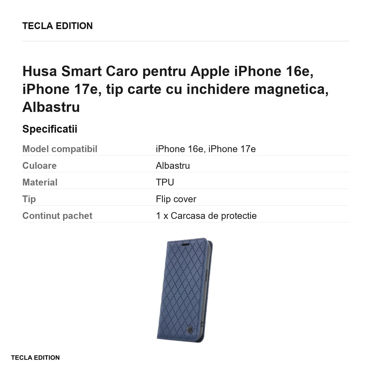 Husa Smart Caro pentru Apple iPhone 16e, iPhone 17e, tip carte cu inchidere magnetica, Albastru