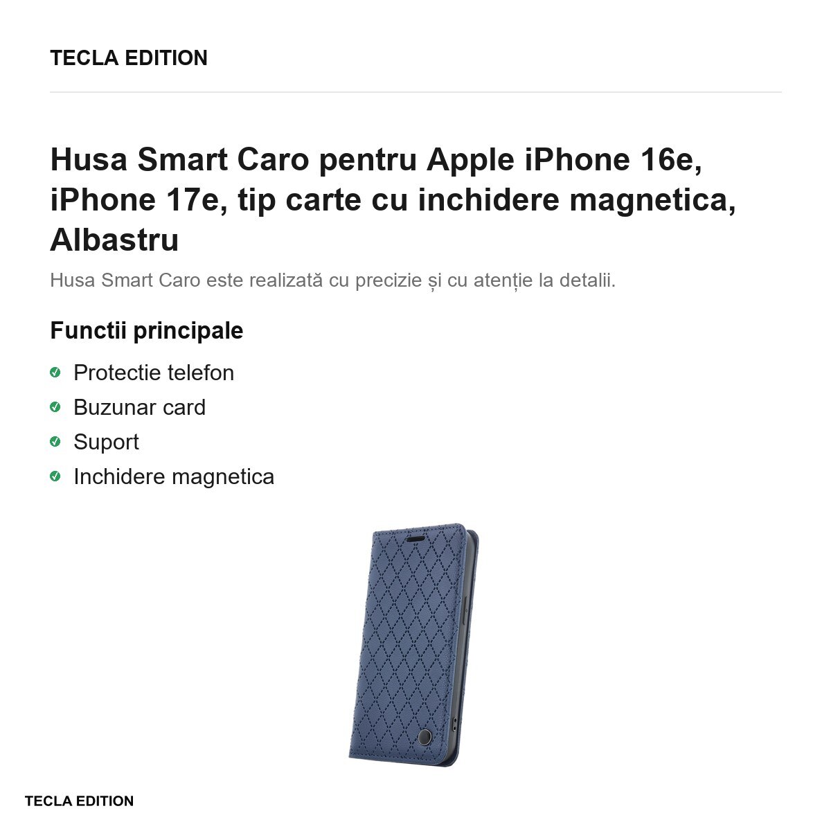 Husa Smart Caro pentru Apple iPhone 16e, iPhone 17e, tip carte cu inchidere magnetica, Albastru