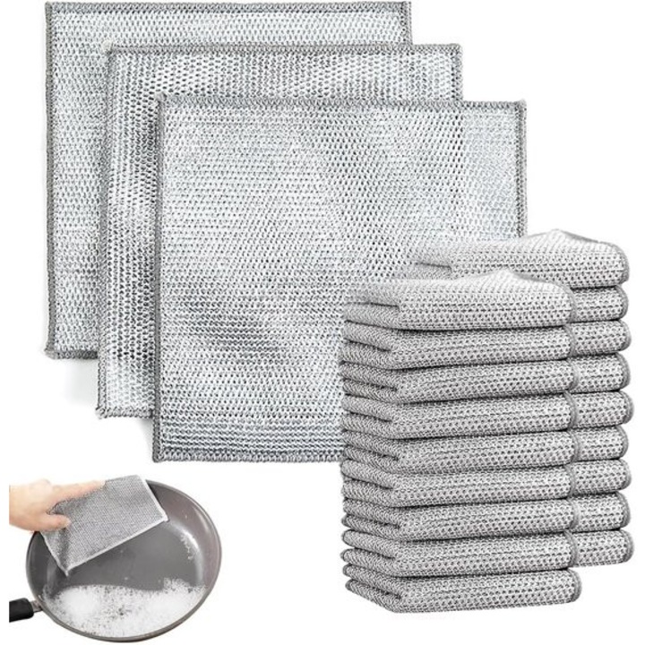 Lavete de curatare metalice fara zgarieturi, reutilizabile, rezistente la rugina, argintiu, set 30 buc., 20 x 19.5 cm
