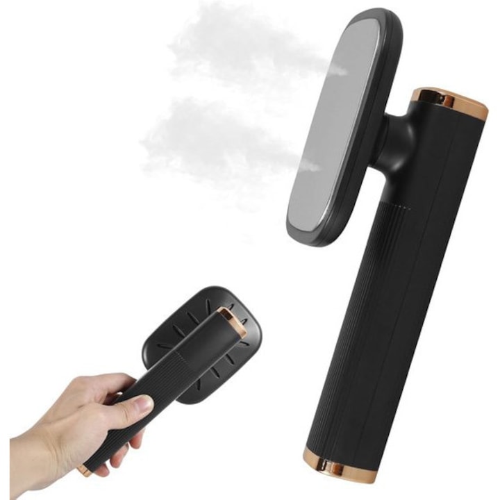 Fier de calcat cu aburi portabil K0443-emagCJ-51231, maner rotativ 180°, incalzire in 20s, rezervor 20 ml, 32W, tensiune universala, negru/auriu, 21,6 x 7,2 cm