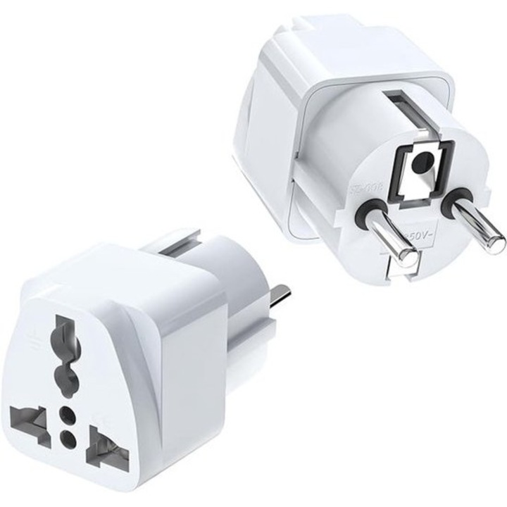 Adaptor universal de calatorie K0443-emagCJ-52379, set 2 buc., compatibil EU/UK/US/Asia, ABS cu contacte cupru, protectie copii, 110-250 V, alb