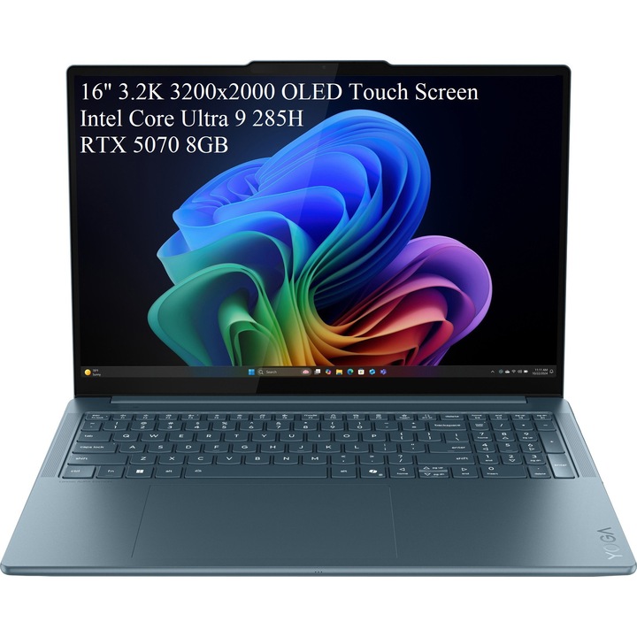 Laptop Lenovo Yoga Pro 9 16IAH10, 16" 3.2K 3200x2000 OLED Touch Screen 1000nits 120Hz, Intel Core Ultra 9 285H 16-core, 64 GB LPDDR5x, 512GB SSD m2 PCIe, 1TB SSD m2 PCIe, NVIDIA GeForce RTX 5070 8GB GDDR7, Windows 11 Home, Aluminium Case 2.07kg Tidal Teal