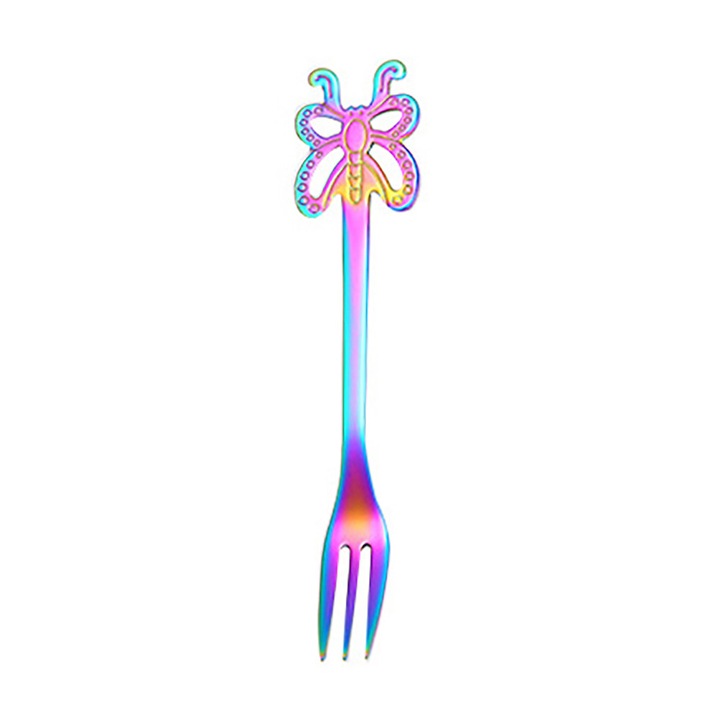 Furculita YANYXR BCS3133522 din otel inoxidabil 304 cu maner in forma de fluture, irizat multicolor, 12,5 cm
