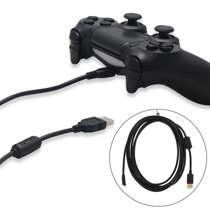 YANYXR BCS3135221 PS4 kontroller töltőkábel, USB-A – micro-USB, 3 m, aranyozott csatlakozó, ferritmag, fekete