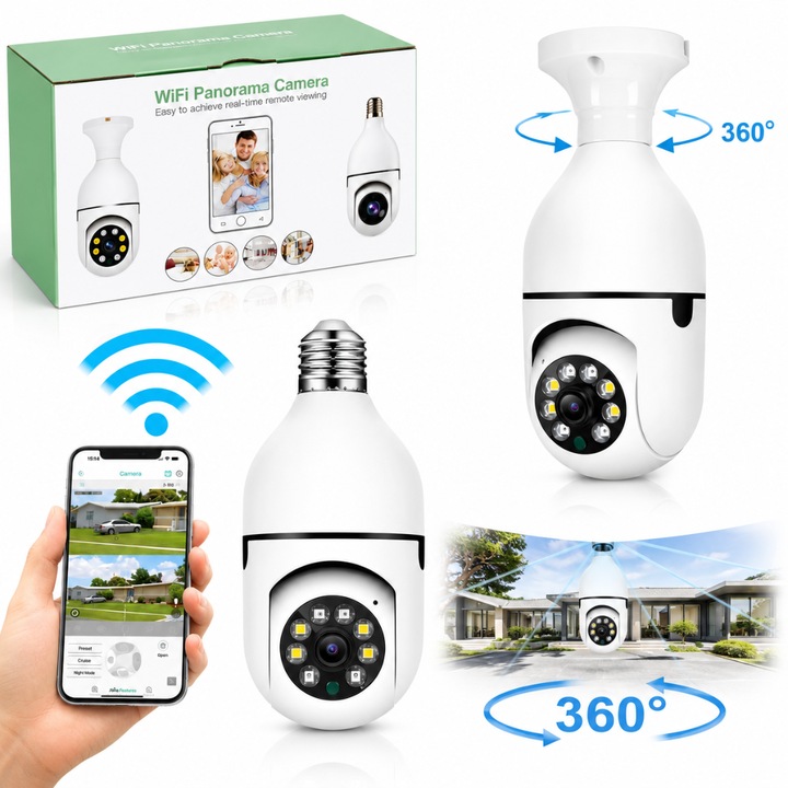 WiFi Камера за Наблюдение Macvi® Тип Крушка E27, PTZ 360°, Full HD 1080P, 2MP, Цветно Нощно Виждане, Откриване на Движение и Звук, Двупосочно Аудио, iCSee, Слот за MicroSD Карта 128GB, Бяла