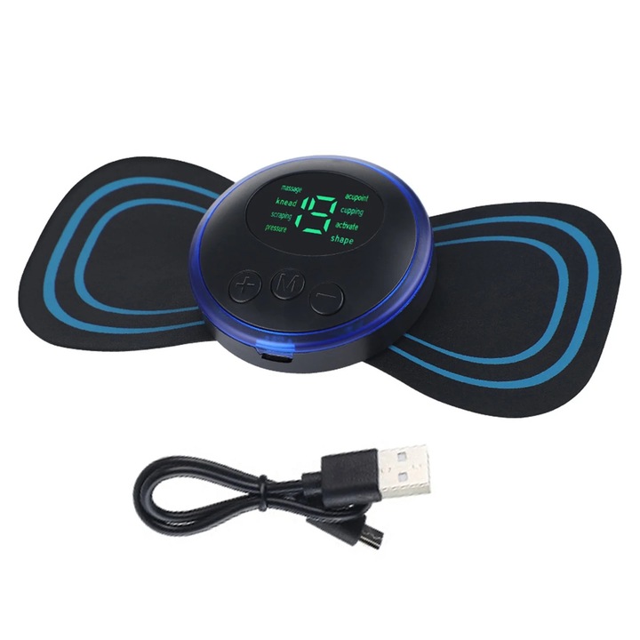 YANYXR BCS3136189 masszázs tapasz, 8 mód, 19 intenzitási fokozat, alacsony frekvenciájú impulzusok, 150mAh akkumulátor, USB töltés, 15 x 6 x 1 cm, fekete