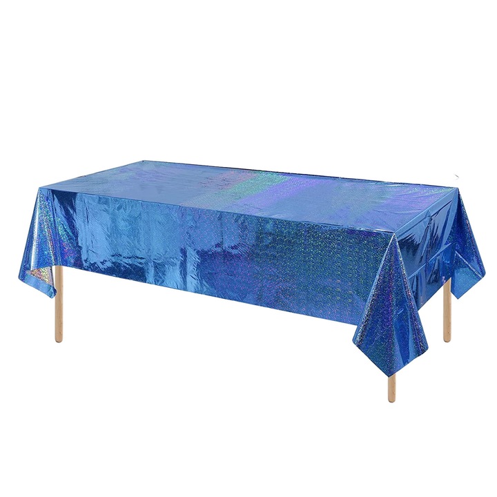 YANYXR BCS3134214 holografikus irizáló, vízálló PE asztalterítő, kék, 274 x 137 cm