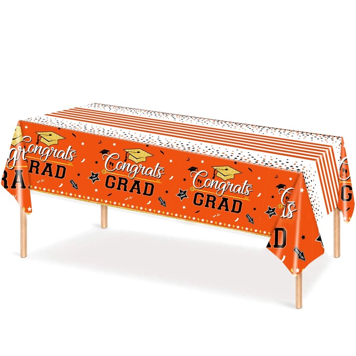 YANYXR BCS3138882 asztalterítő, 'Congrats Grad' ballagási mintával, polietilén, karc-, folt- és hőálló, narancssárga, 274 x 137 cm