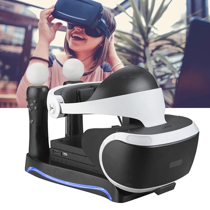 Töltőállomás és tartó PS VR2 és Move kontrollerekhez YANYXR BCS3135220, ABS-ből, töltéskapcsolóval, stabil, fekete, 27.5 x 16 x 15.5 cm