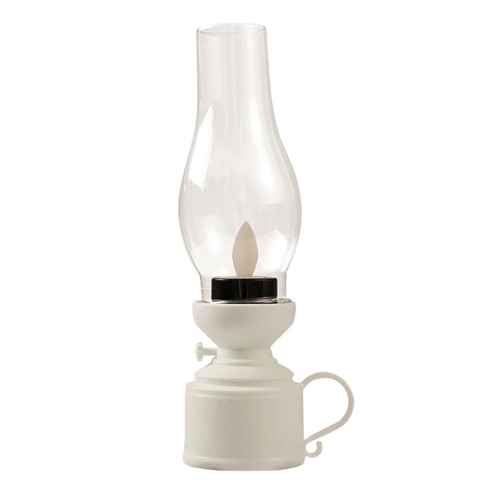 Lampa LED YANYXR BCS3139138, design retro tip lampa cu kerosen, flacara palpaitoare, alimentare 3 x AG13, ABS, alb, 17.8 x 7.2 cm