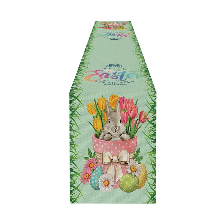 YANYXR BCS3146383 asztali futó, húsvéti nyuszi és tojás mintával, lenhatású poliészterből, mentazöld, 33 x 183 cm