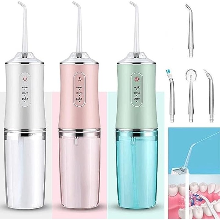 Hordozható szájzuhany K0538-C260804-1038-AMZ, USB-ről tölthető, vezeték nélküli, levehető 220 ml-es tartály, 4 forgó fúvóka, 3 mód (soft/strong/pulse), IPX7, Többszínű