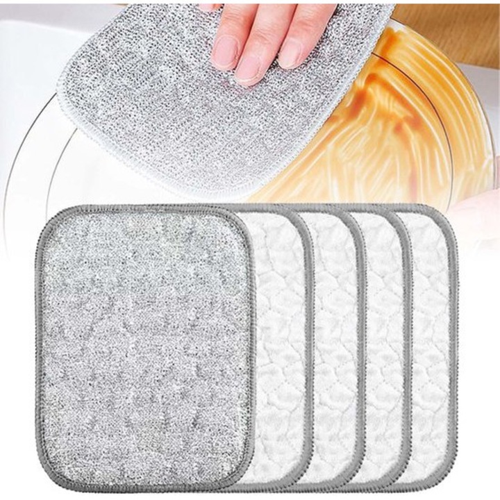Lavete pentru bucatarie K0443-emagCJ-55004, dublu strat, rezistente la ulei, fara zgarieturi (miez plasa argintata), absorbante, reutilizabile, gri/alb, set 5 buc.