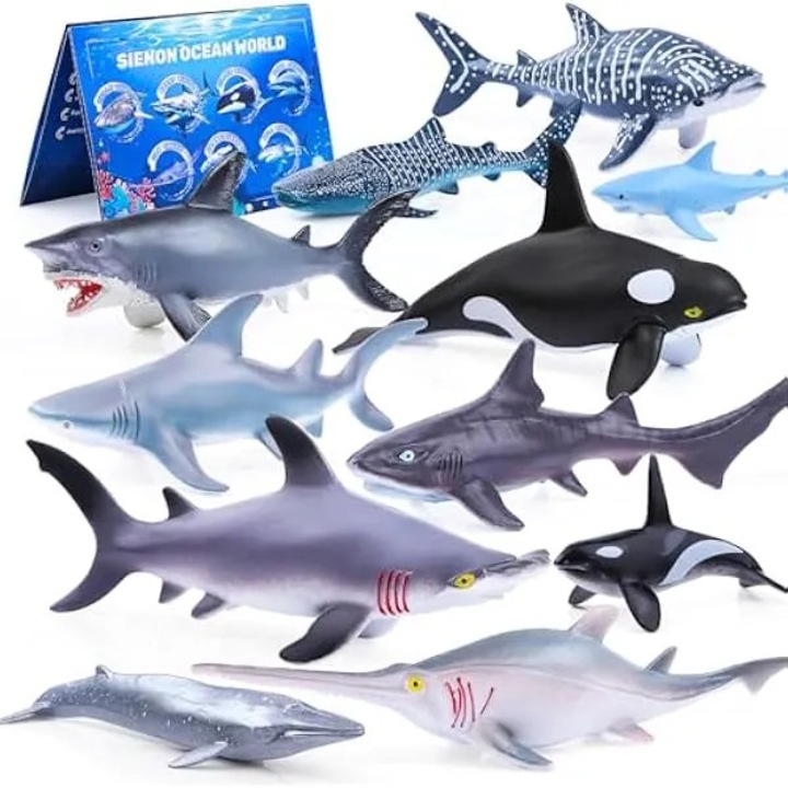 11 db-os cápa és bálna figura készlet K0569-260804-221-AMC, BPA-mentes műanyagból készült, valósághű oktatójátékok, többszínű, méretek 7–15 cm, 11 db.