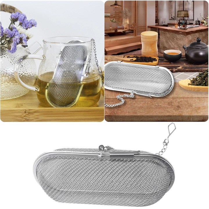 YANYXR BCS3150408 teafőző és szűrő leveshez, rozsdamentes acélból, finom hálóval és lánccal, ezüst, 1 db