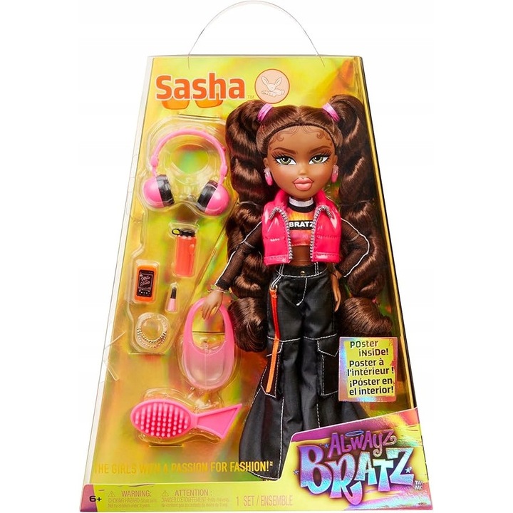Papusa Bratz Sasha Moda Urbana cu 10 Accesorii, 25 cm