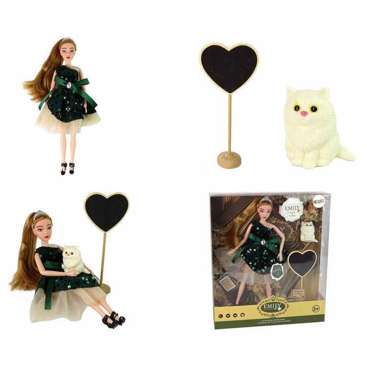 Set Papusa Emily, Pisicuta Sunatoare si Inima Lemn, Moda