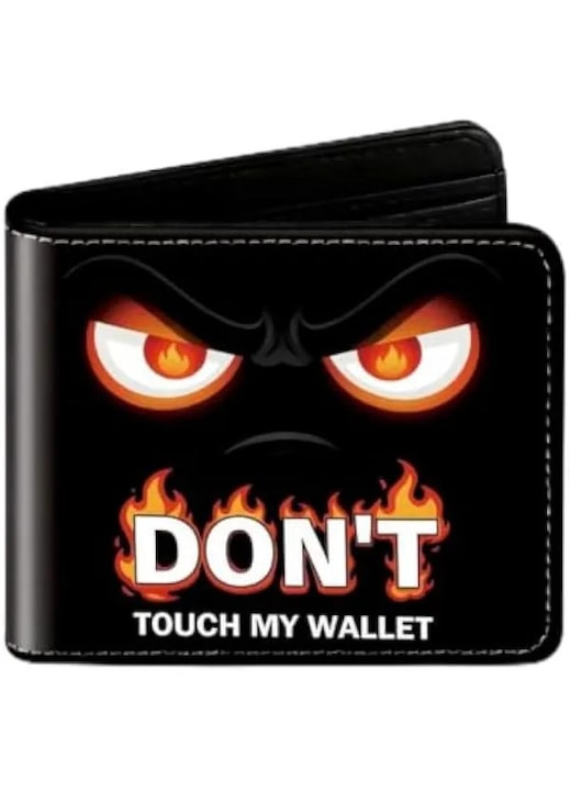 Портфейл bifold за момчета, PU кожа, модел с очи в пламъци и "DON'T TOUCH MY WALLET", черен, 11.5 x 9.5 x 2 cm