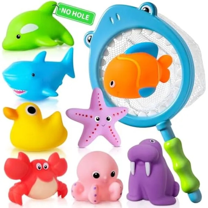 Lyuk nélküli fürdőjáték készlet gyerekeknek, tengeri állatok, 9 darabos, penészgátló, hálóval, többszínű, K0569-260804-2342-AMC