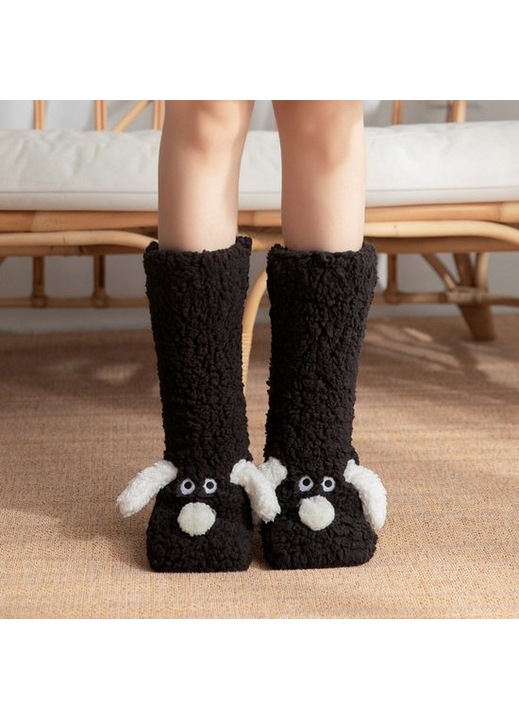 Női plüss zokni - csúszásgátló talp - ultra-meleg korall fleece - aranyos kiskutya minta - beltéri zokni - meleg téli ajándék - meleg csizma típusú plüss zokni - fekete