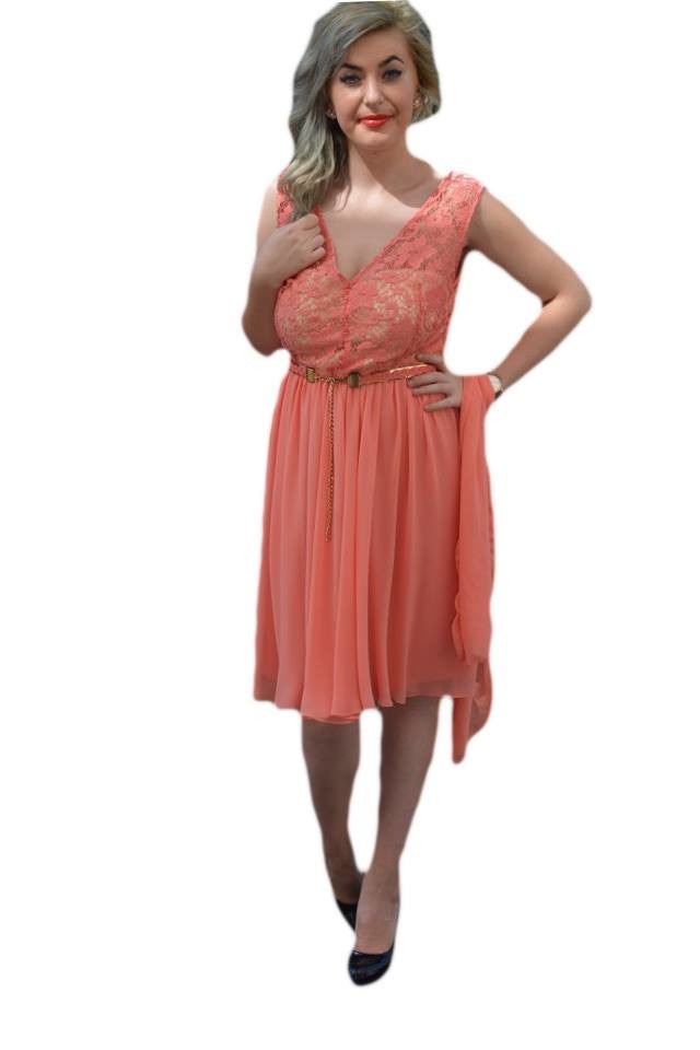 Rochie eleganta, din dantela si voal, D&J Exclusive, Corai