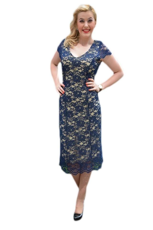 Rochie din dantela de lungime medie , D&J Exclusive, Bleumarin