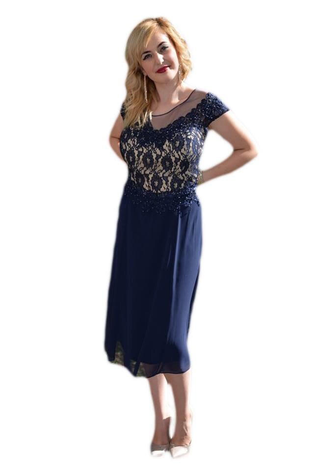 Rochie chic de seara, din voal si dantela , D&J Exclusive, Albastru marin