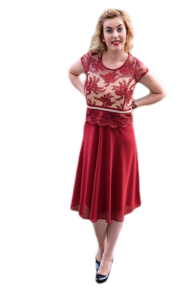 Rochie de seara din dantela cu motive florale , D&J Exclusive, Visiniu