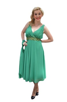 Rochie din voal si saten cu insertie de paiete aurii in talie , D&J Exclusive, Verde, 50 Rochie din voal si saten cu insertie de paiete aurii in talie , D&J Exclusive, Verde, 50