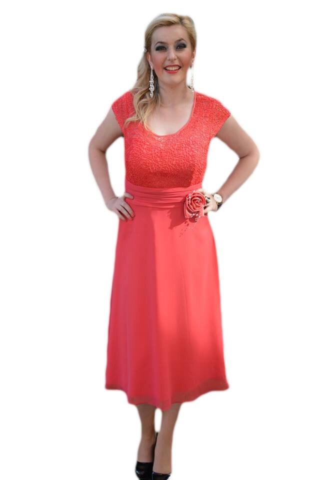 Rochie de ocazie de lungime medie, din dantela si voal , D&J Exclusive, Corai