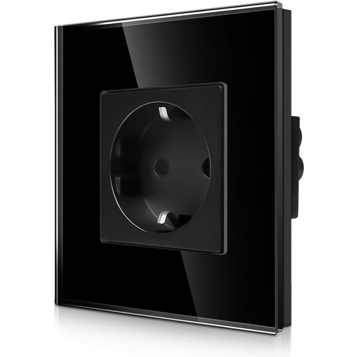Priza Schuko incastrata K0443-emagCJ-57846, 16 A, 250 V, cu impamantare, rama din sticla, protectie pentru copii si protectie la scurtcircuit electronic, negru, adancime 30 mm (montaj in doza ≥35 mm)