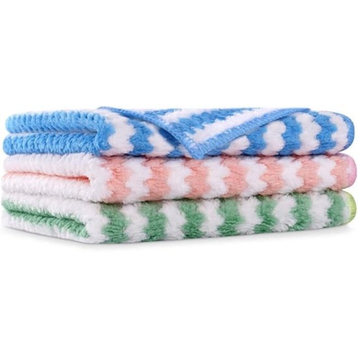 Set de 3 lavete din microfibra absorbante, poliester microfibra, reutilizabile, fara scame, margini intarite, multicolor
