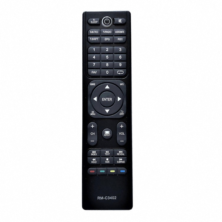 Telecomanda TV RM-C3402, inlocuitor RF/IR 433 MHz, 8 canale, baterii 2xAAA, negru, compatibila cu Aiwa AW240/AW320/AW390/AW500/AW500U/AW550U/AW650U, P.N. E27-A116-E25993-CJ