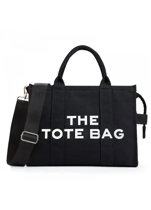 Чанtа tote от канавас с цип и регулируема презрамка, с принт "THE TOTE BAG", черна, 32 x 26 x 15 cm