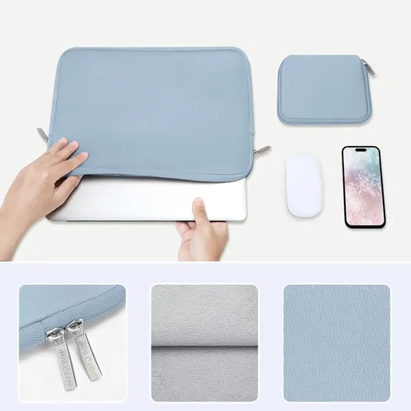 Husa pentru laptop neopren cu interior din fleece, cu husa mica pentru accesorii, compatibil 13–13,6 inch (MacBook/Surface), albastru deschis
