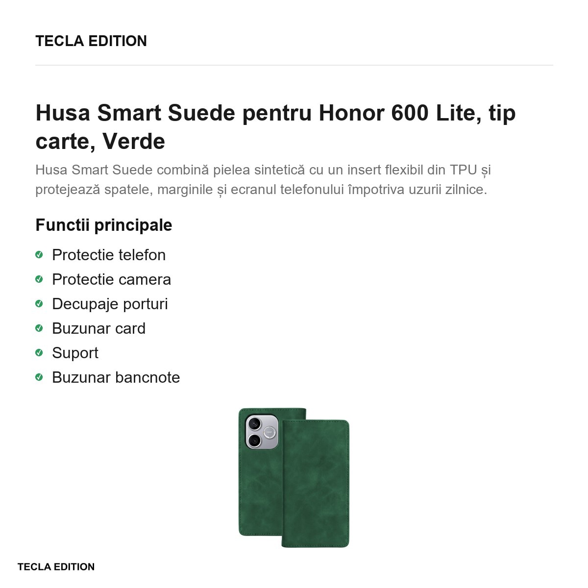 Husa Smart Suede pentru Honor 600 Lite, tip carte, Verde