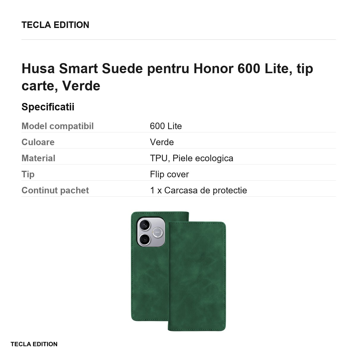 Husa Smart Suede pentru Honor 600 Lite, tip carte, Verde