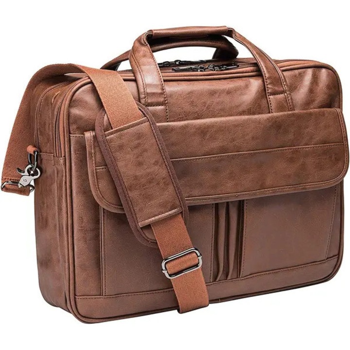 Geanta messenger din piele PU pentru laptop, captusita, rezistenta la apa, buzunare multiple, curea reglabila si prindere pentru troler, maro, pentru laptop 17.3 inch