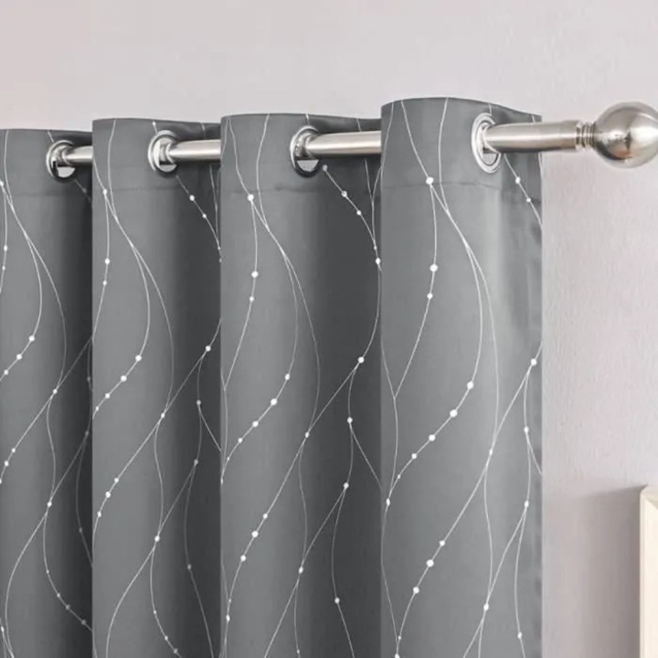 Perdele blackout cu inele, model linii punctate argintii, gri inchis, set 2 buc., 100 x 250 cm, izolare termica